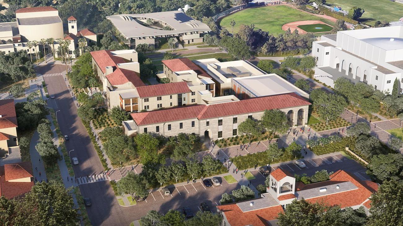 center for global engagement outdoor aerial rendering, facing north-east, with the building being flanked by bridges auditorium, studio art hall, seaver theatre, frank dining hall, and sumner hall